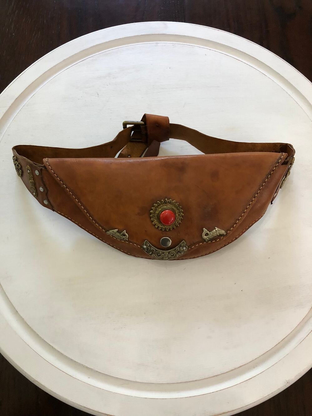 Vtg Handmade Tooled Leather Fanny Pack Belt Bag Boho waist Pouch Stone Accent